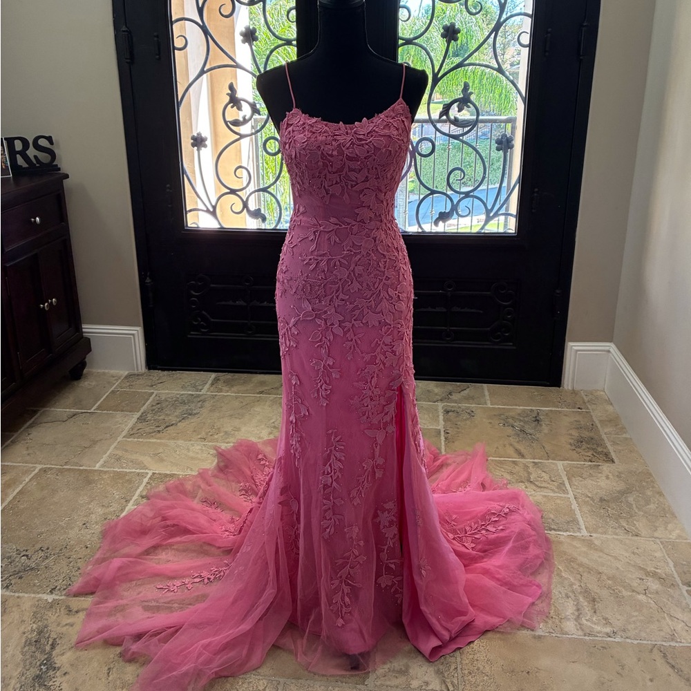 Sherry Hill Lace Appliqué Pink mermaid Evening Dress for Prom or special event.